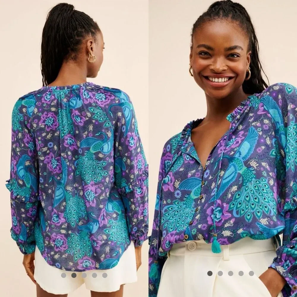 Spell & The Gypsy Boheme Ruffle Blouse | Peacock Floral Print | Large - Picture 4 of 13